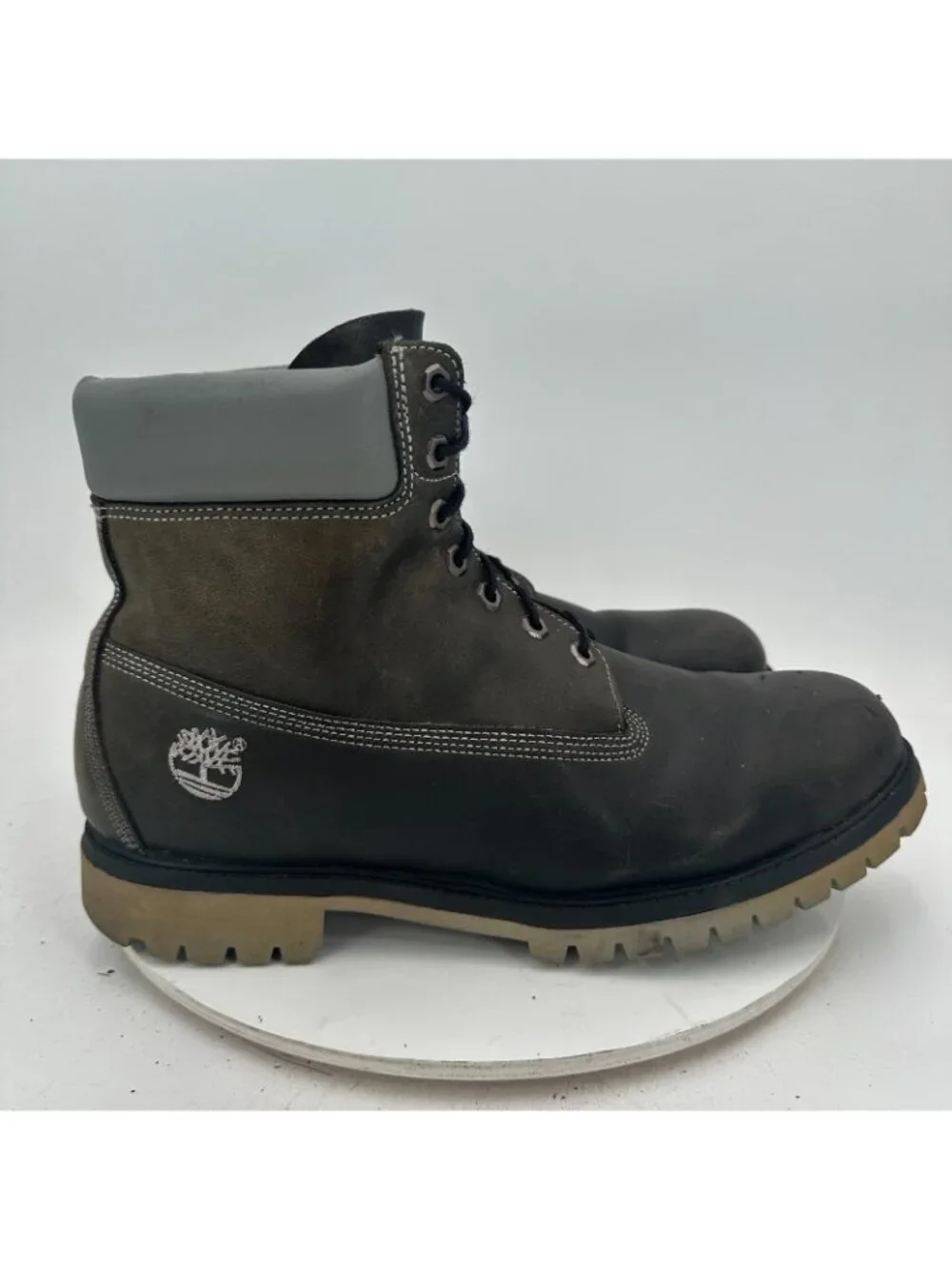 Timberland Men Size 13M Black Leather Silver Stitched Steel Toe Combat Boot